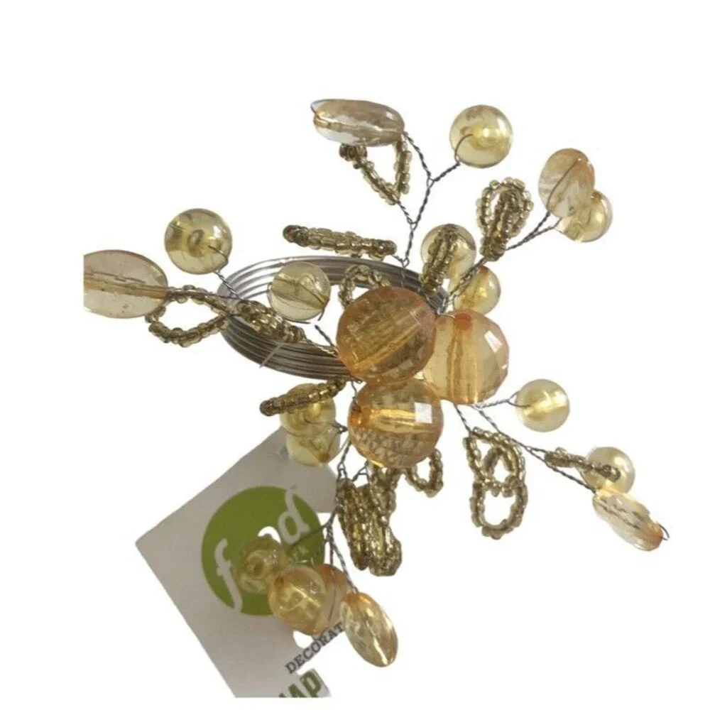 Food Network Napkin Rings Set Of 2 Thanksgiving Amber Gold Beaded Spray Silver